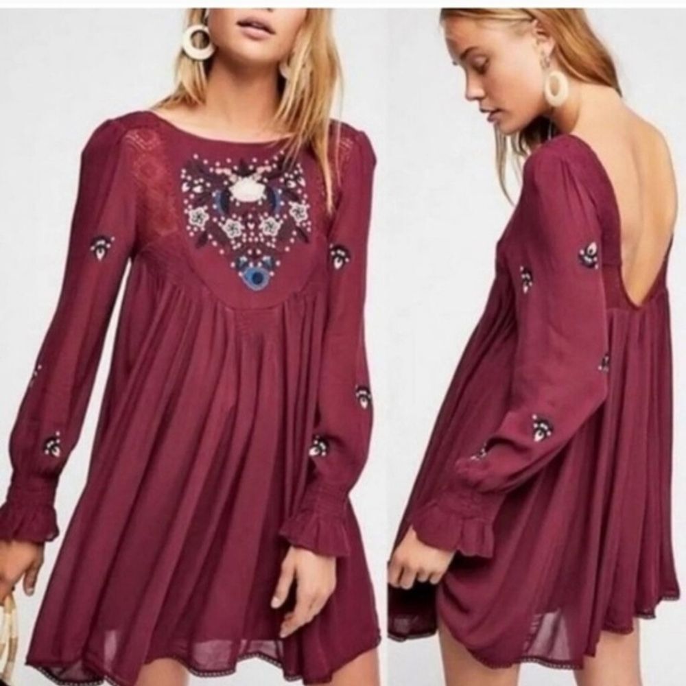 FREE PEOPLE Moya Embroidered Open Back Ruffle Long Sleeve mini dress-small